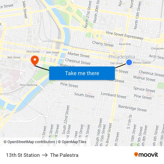 13th St Station to The Palestra map