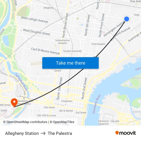 Allegheny Station to The Palestra map