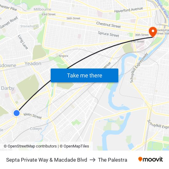 Septa Private Way & Macdade Blvd to The Palestra map
