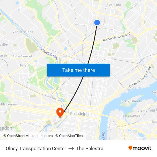 Olney Transportation Center to The Palestra map