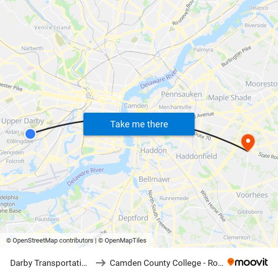 Darby Transportation Center to Camden County College - Rohrer Center map