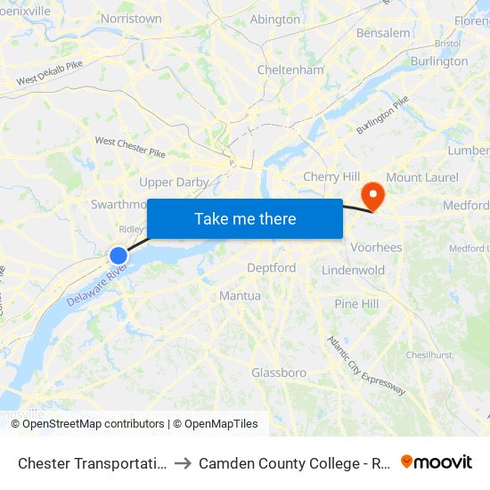 Chester Transportation Center to Camden County College - Rohrer Center map