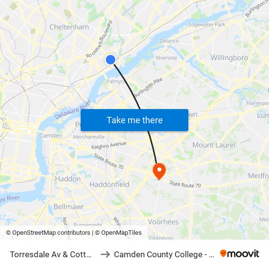 Torresdale Av & Cottman Av Loop to Camden County College - Rohrer Center map