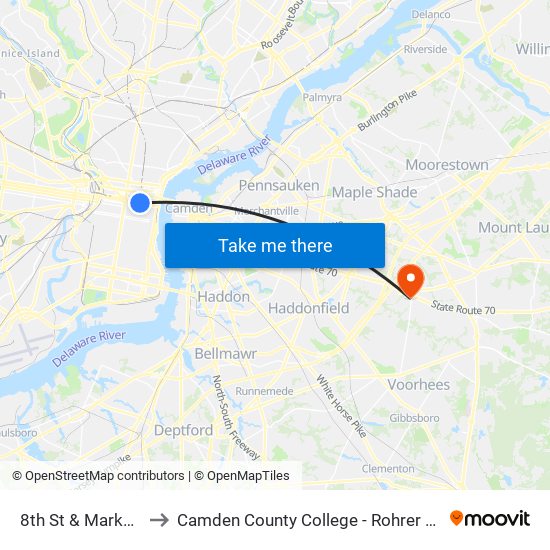 8th St & Market St to Camden County College - Rohrer Center map