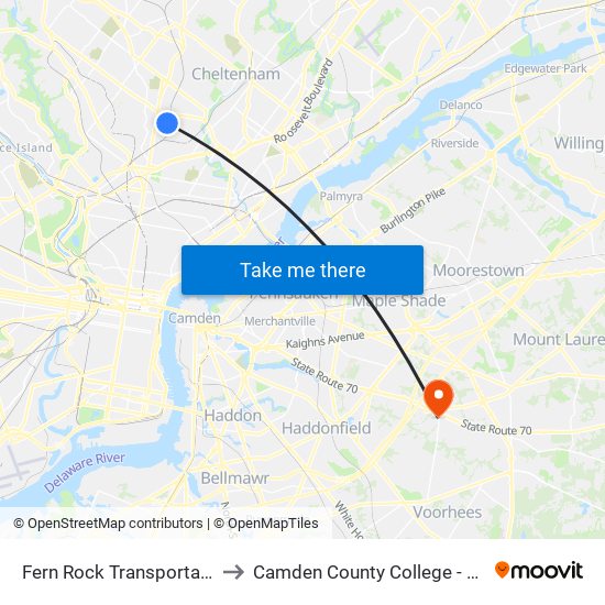 Fern Rock Transportation Center to Camden County College - Rohrer Center map
