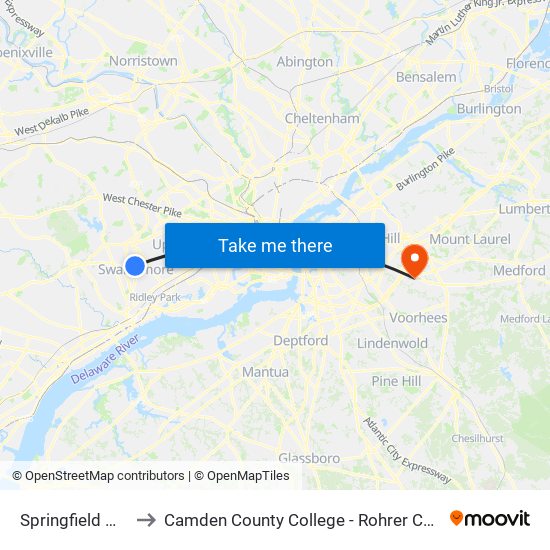 Springfield Mall to Camden County College - Rohrer Center map