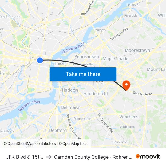 JFK Blvd & 15th St to Camden County College - Rohrer Center map