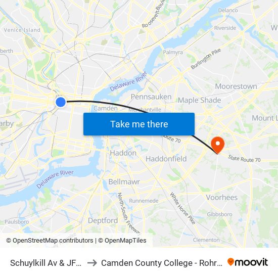 Schuylkill Av & JFK Blvd to Camden County College - Rohrer Center map