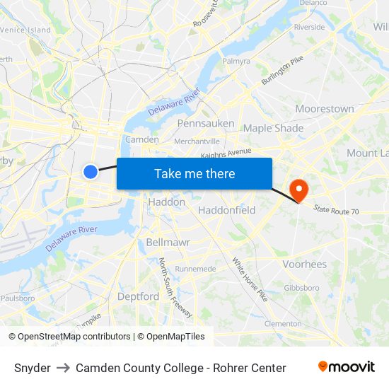 Snyder to Camden County College - Rohrer Center map