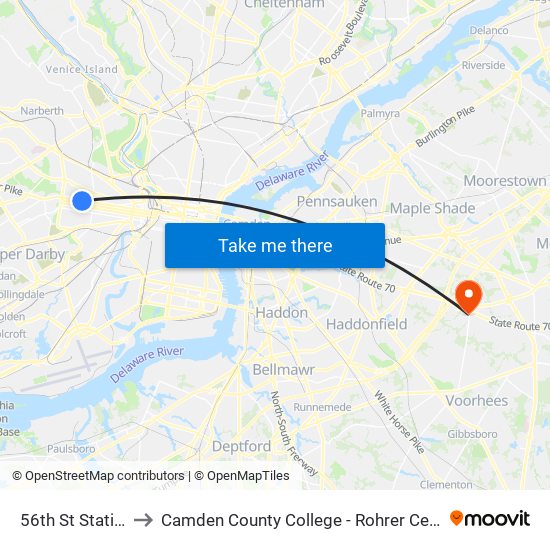 56th St Station to Camden County College - Rohrer Center map