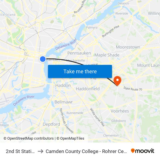 2nd St Station to Camden County College - Rohrer Center map