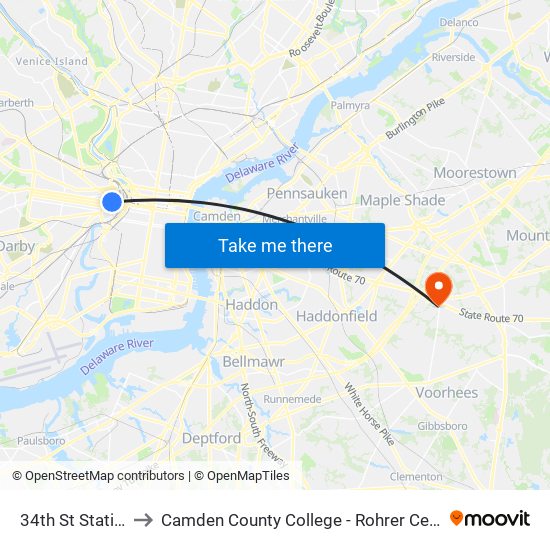 34th St Station to Camden County College - Rohrer Center map