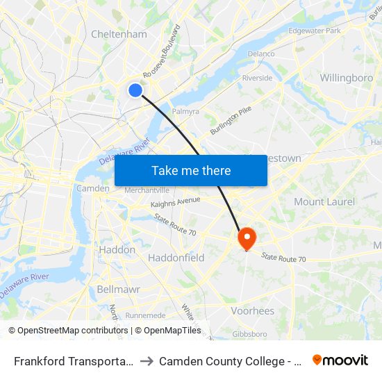 Frankford Transportation Center to Camden County College - Rohrer Center map