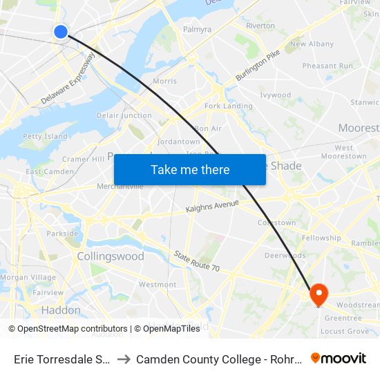 Erie Torresdale Station to Camden County College - Rohrer Center map