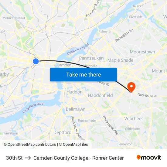 30th St to Camden County College - Rohrer Center map