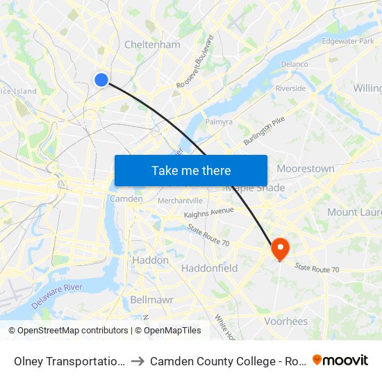 Olney Transportation Center to Camden County College - Rohrer Center map