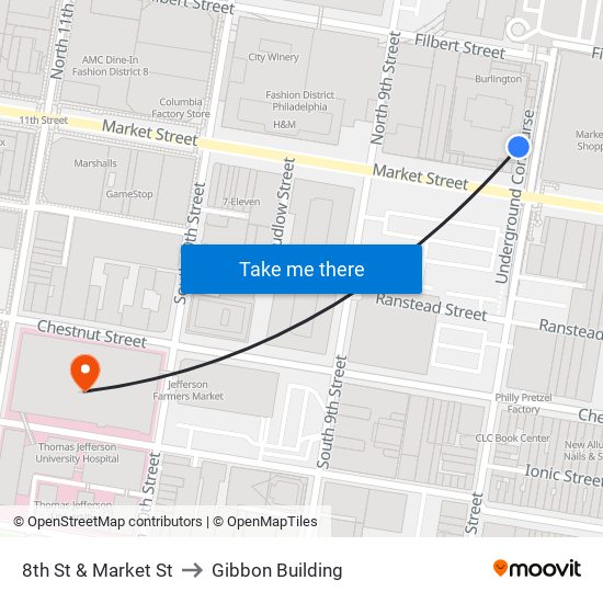 8th St & Market St to Gibbon Building map