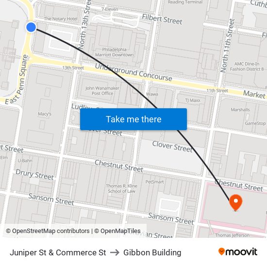 Juniper St & Commerce St to Gibbon Building map