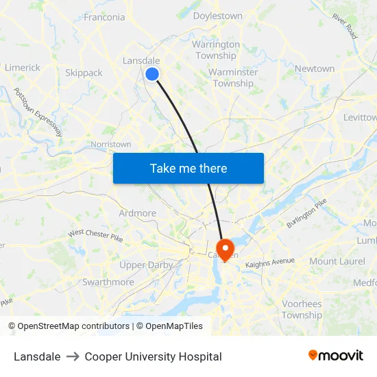 Lansdale to Cooper University Hospital map