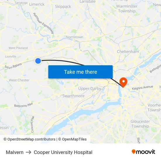 Malvern to Cooper University Hospital map