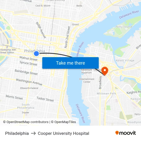 Philadelphia to Cooper University Hospital map