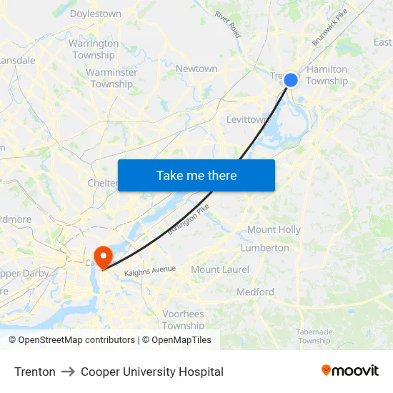 Trenton to Cooper University Hospital map