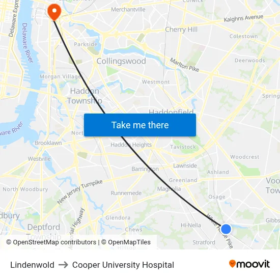 Lindenwold to Cooper University Hospital map