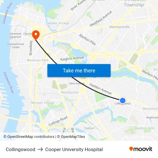 Collingswood to Cooper University Hospital map