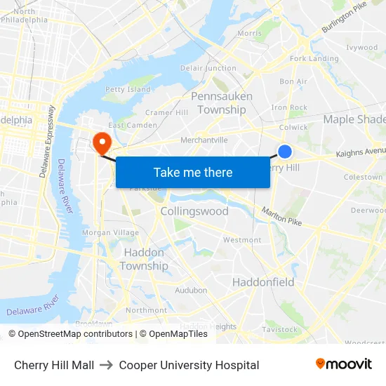 Cherry Hill Mall to Cooper University Hospital map