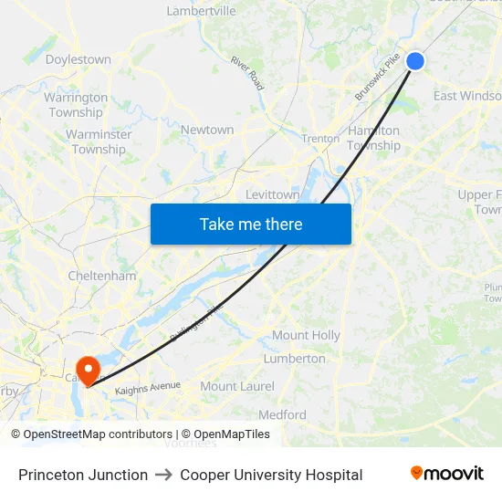 Princeton Junction to Cooper University Hospital map