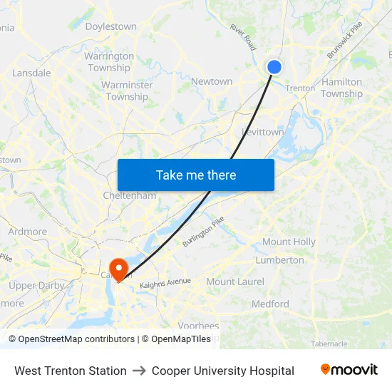 West Trenton Station to Cooper University Hospital map