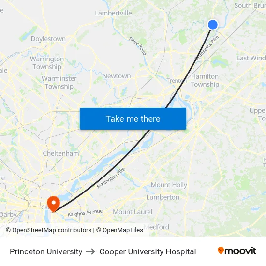 Princeton University to Cooper University Hospital map