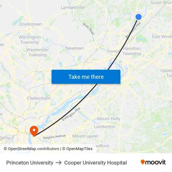 Princeton University to Cooper University Hospital map