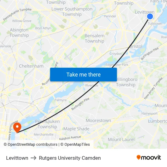 Levittown to Rutgers University Camden map
