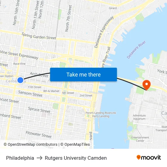 Philadelphia to Rutgers University Camden map