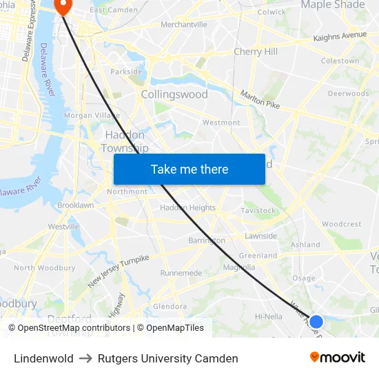 Lindenwold to Rutgers University Camden map