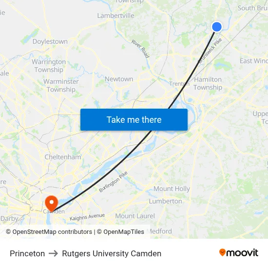 Princeton to Rutgers University Camden map
