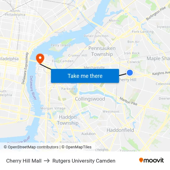 Cherry Hill Mall to Rutgers University Camden map