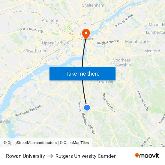 Rowan University to Rutgers University Camden map
