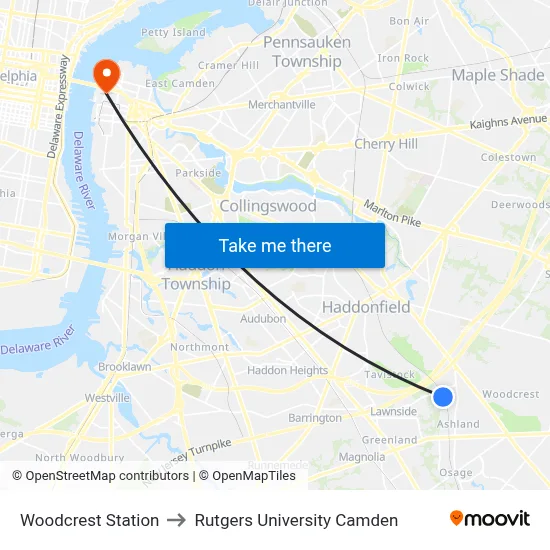 Woodcrest Station to Rutgers University Camden map