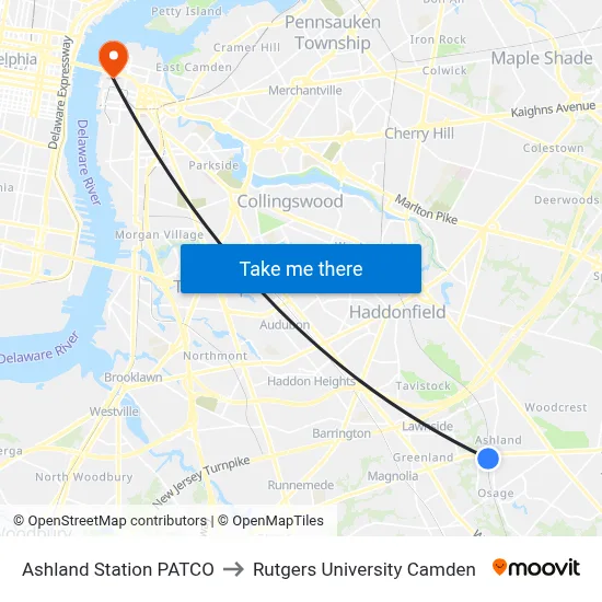 Ashland Station PATCO to Rutgers University Camden map