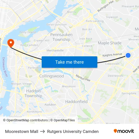 Moorestown Mall to Rutgers University Camden map