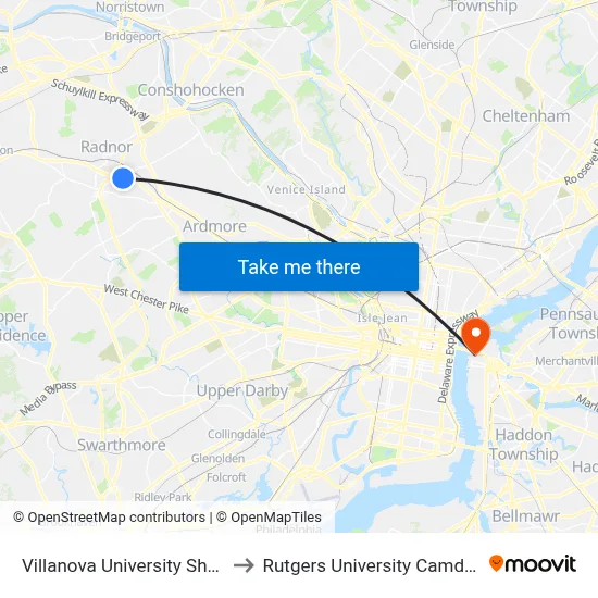 Villanova University Shop to Rutgers University Camden map