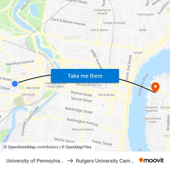 University of Pennsylvania, 4046 Walnut St to Rutgers University Camden map