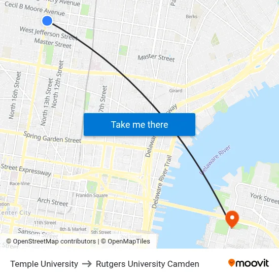 Temple University to Rutgers University Camden map