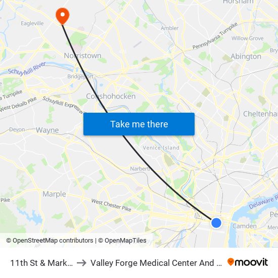 11th St & Market St to Valley Forge Medical Center And Hospital map