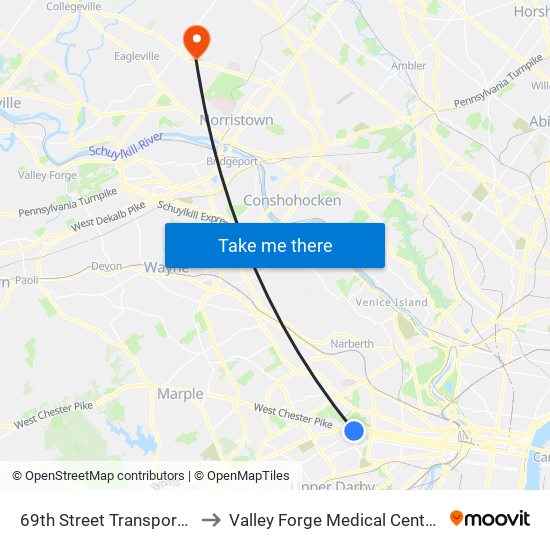 69th Street Transportation Center to Valley Forge Medical Center And Hospital map
