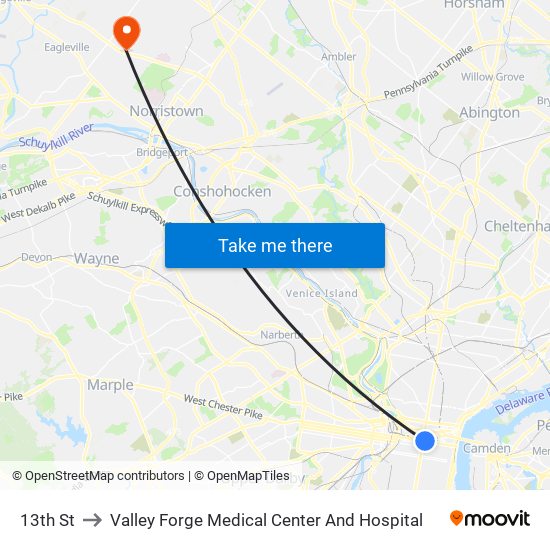 13th St to Valley Forge Medical Center And Hospital map