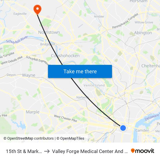 15th St & Market St to Valley Forge Medical Center And Hospital map