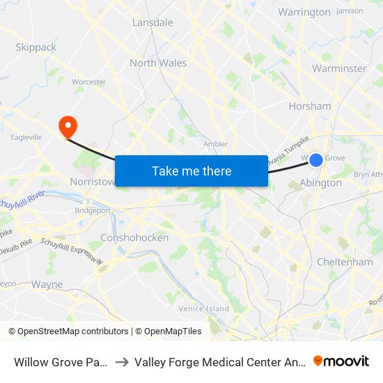 Willow Grove Park Mall to Valley Forge Medical Center And Hospital map